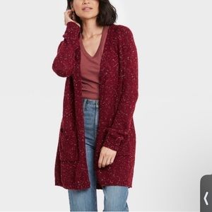 Long open knit burgundy cardigan